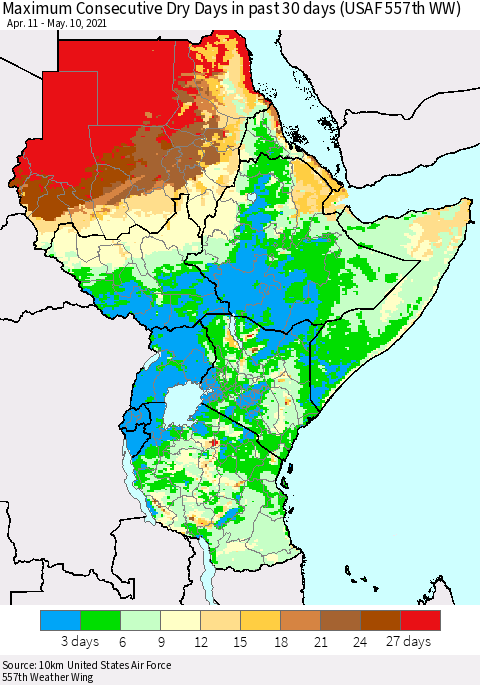Eastern Africa Maximum Consecutive Dry Days in past 30 days (USAF 557th WW) 05/10/2021 Thematic Map For 5/6/2021 - 5/10/2021