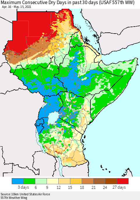 Eastern Africa Maximum Consecutive Dry Days in past 30 days (USAF 557th WW) 05/15/2021 Thematic Map For 5/11/2021 - 5/15/2021