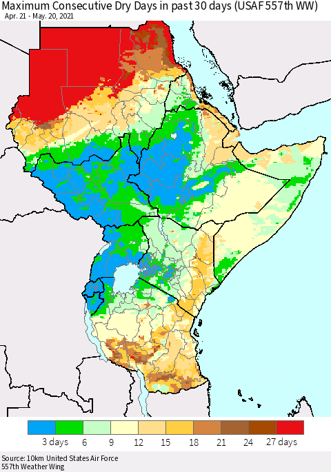 Eastern Africa Maximum Consecutive Dry Days in past 30 days (USAF 557th WW) 05/20/2021 Thematic Map For 5/16/2021 - 5/20/2021
