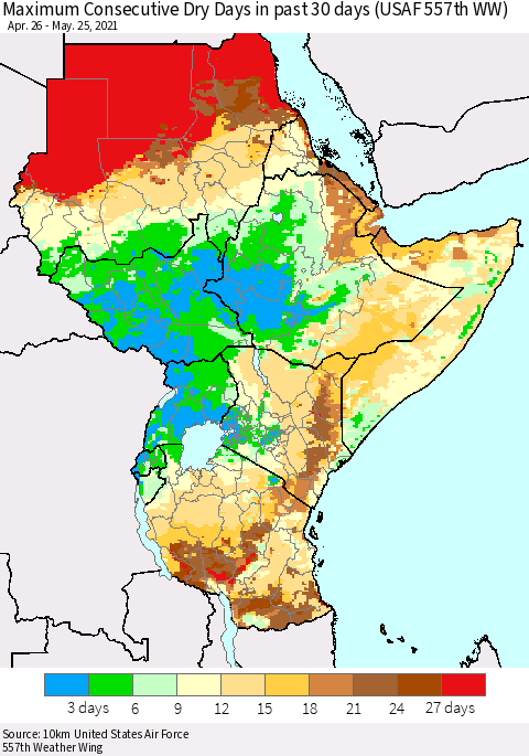 Eastern Africa Maximum Consecutive Dry Days in past 30 days (USAF 557th WW) 05/25/2021 Thematic Map For 5/21/2021 - 5/25/2021