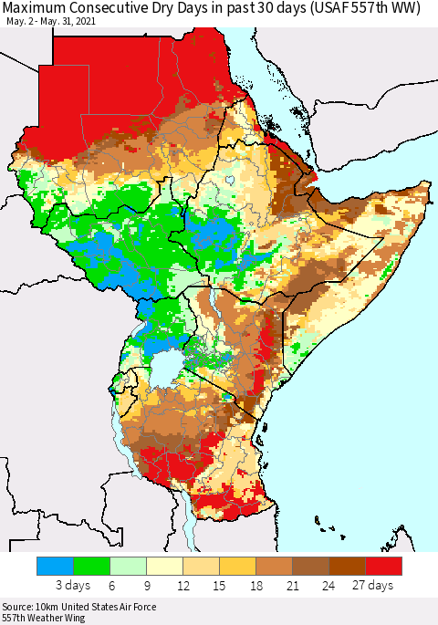 Eastern Africa Maximum Consecutive Dry Days in past 30 days (USAF 557th WW) 05/31/2021 Thematic Map For 5/26/2021 - 5/31/2021