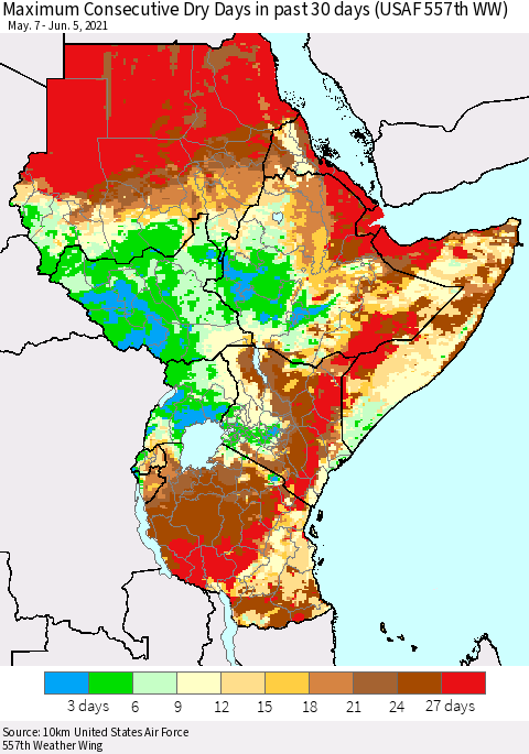 Eastern Africa Maximum Consecutive Dry Days in past 30 days (USAF 557th WW) 06/05/2021 Thematic Map For 6/1/2021 - 6/5/2021