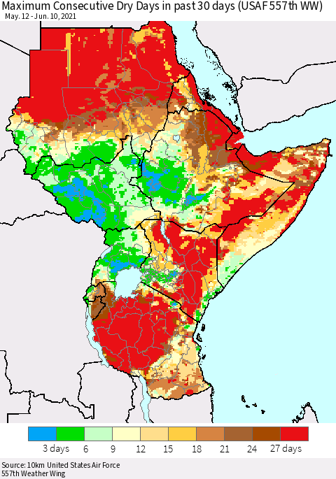 Eastern Africa Maximum Consecutive Dry Days in past 30 days (USAF 557th WW) 06/10/2021 Thematic Map For 6/6/2021 - 6/10/2021