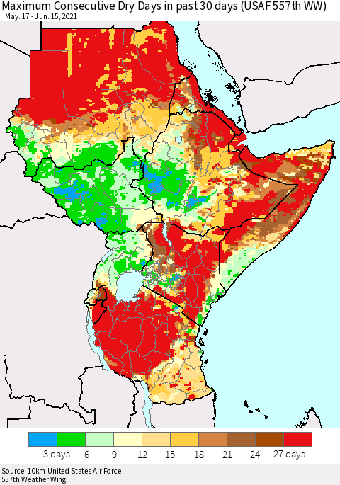 Eastern Africa Maximum Consecutive Dry Days in past 30 days (USAF 557th WW) 06/15/2021 Thematic Map For 6/11/2021 - 6/15/2021