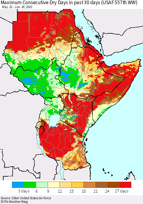 Eastern Africa Maximum Consecutive Dry Days in past 30 days (USAF 557th WW) 06/20/2021 Thematic Map For 6/16/2021 - 6/20/2021