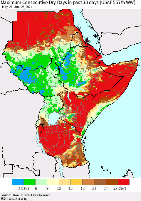Eastern Africa Maximum Consecutive Dry Days in past 30 days (USAF 557th WW) 06/25/2021 Thematic Map For 6/21/2021 - 6/25/2021