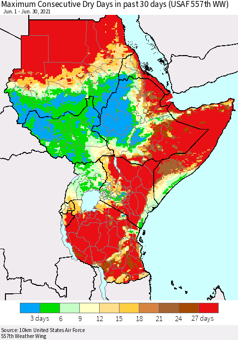 Eastern Africa Maximum Consecutive Dry Days in past 30 days (USAF 557th WW) 06/30/2021 Thematic Map For 6/26/2021 - 6/30/2021