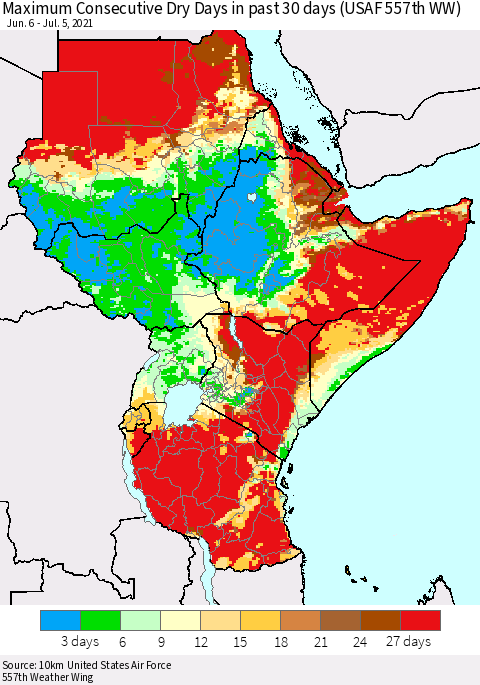 Eastern Africa Maximum Consecutive Dry Days in past 30 days (USAF 557th WW) 07/05/2021 Thematic Map For 7/1/2021 - 7/5/2021