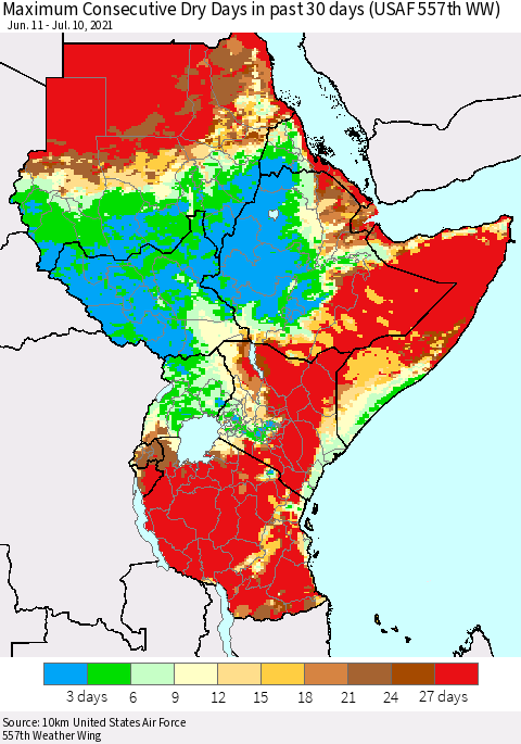 Eastern Africa Maximum Consecutive Dry Days in past 30 days (USAF 557th WW) 07/10/2021 Thematic Map For 7/6/2021 - 7/10/2021