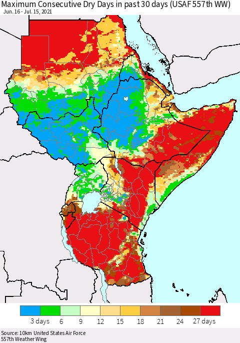 Eastern Africa Maximum Consecutive Dry Days in past 30 days (USAF 557th WW) 07/15/2021 Thematic Map For 7/11/2021 - 7/15/2021
