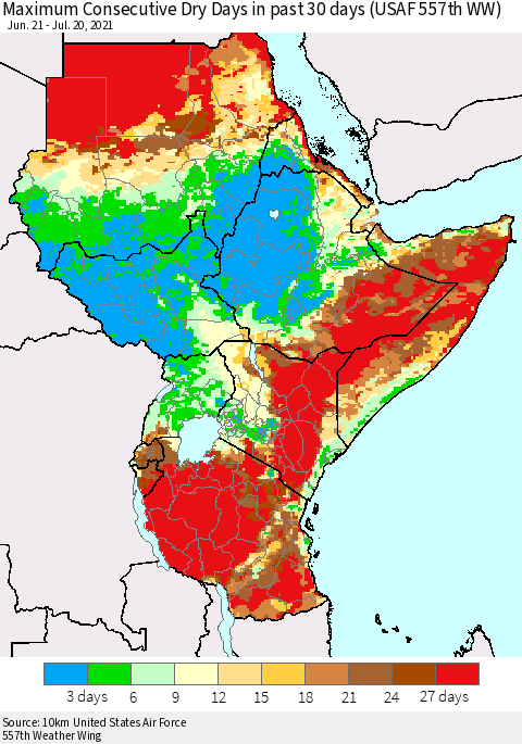 Eastern Africa Maximum Consecutive Dry Days in past 30 days (USAF 557th WW) 07/20/2021 Thematic Map For 7/16/2021 - 7/20/2021