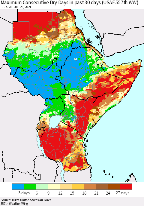 Eastern Africa Maximum Consecutive Dry Days in past 30 days (USAF 557th WW) 07/25/2021 Thematic Map For 7/21/2021 - 7/25/2021