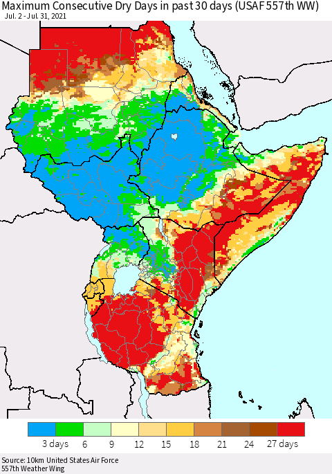 Eastern Africa Maximum Consecutive Dry Days in past 30 days (USAF 557th WW) 07/31/2021 Thematic Map For 7/26/2021 - 7/31/2021