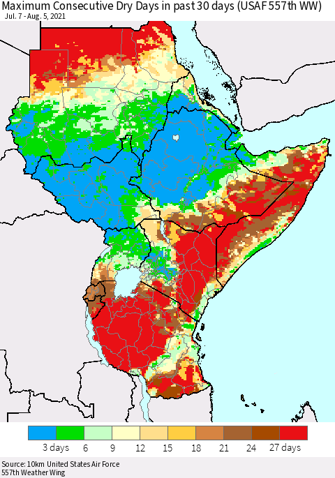 Eastern Africa Maximum Consecutive Dry Days in past 30 days (USAF 557th WW) 08/05/2021 Thematic Map For 8/1/2021 - 8/5/2021