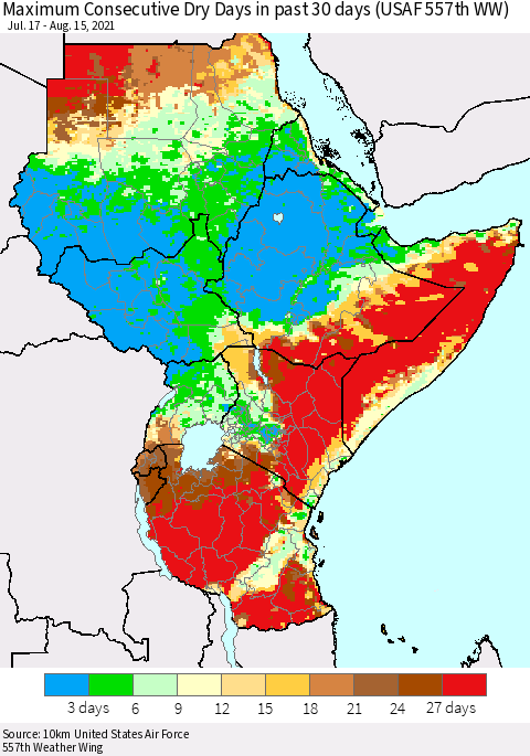 Eastern Africa Maximum Consecutive Dry Days in past 30 days (USAF 557th WW) 08/15/2021 Thematic Map For 8/11/2021 - 8/15/2021