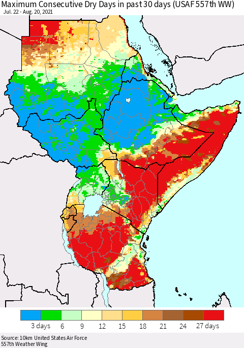 Eastern Africa Maximum Consecutive Dry Days in past 30 days (USAF 557th WW) 08/20/2021 Thematic Map For 8/16/2021 - 8/20/2021
