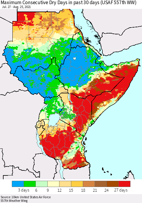 Eastern Africa Maximum Consecutive Dry Days in past 30 days (USAF 557th WW) 08/25/2021 Thematic Map For 8/21/2021 - 8/25/2021