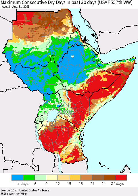 Eastern Africa Maximum Consecutive Dry Days in past 30 days (USAF 557th WW) 08/31/2021 Thematic Map For 8/26/2021 - 8/31/2021
