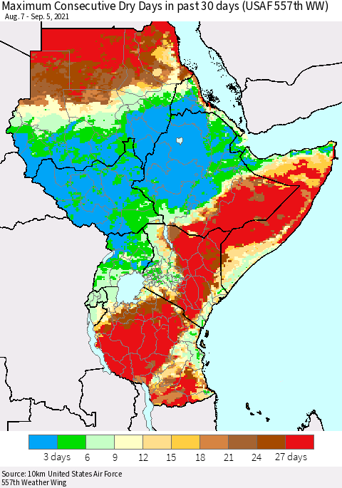 Eastern Africa Maximum Consecutive Dry Days in past 30 days (USAF 557th WW) 09/05/2021 Thematic Map For 9/1/2021 - 9/5/2021
