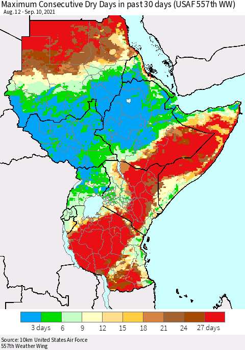 Eastern Africa Maximum Consecutive Dry Days in past 30 days (USAF 557th WW) 09/10/2021 Thematic Map For 9/6/2021 - 9/10/2021