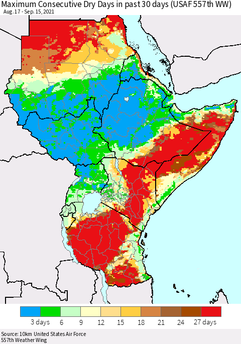 Eastern Africa Maximum Consecutive Dry Days in past 30 days (USAF 557th WW) 09/15/2021 Thematic Map For 9/11/2021 - 9/15/2021