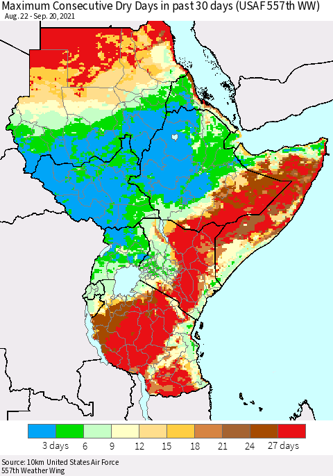 Eastern Africa Maximum Consecutive Dry Days in past 30 days (USAF 557th WW) 09/20/2021 Thematic Map For 9/16/2021 - 9/20/2021