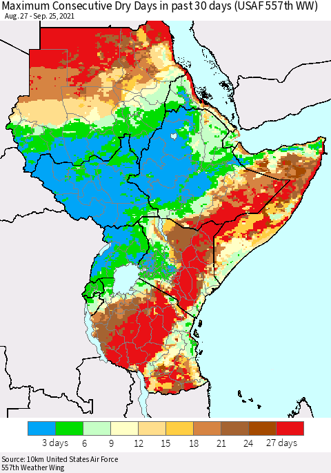 Eastern Africa Maximum Consecutive Dry Days in past 30 days (USAF 557th WW) 09/25/2021 Thematic Map For 9/21/2021 - 9/25/2021