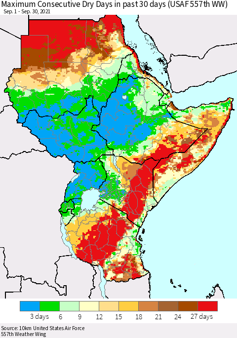 Eastern Africa Maximum Consecutive Dry Days in past 30 days (USAF 557th WW) 09/30/2021 Thematic Map For 9/26/2021 - 9/30/2021