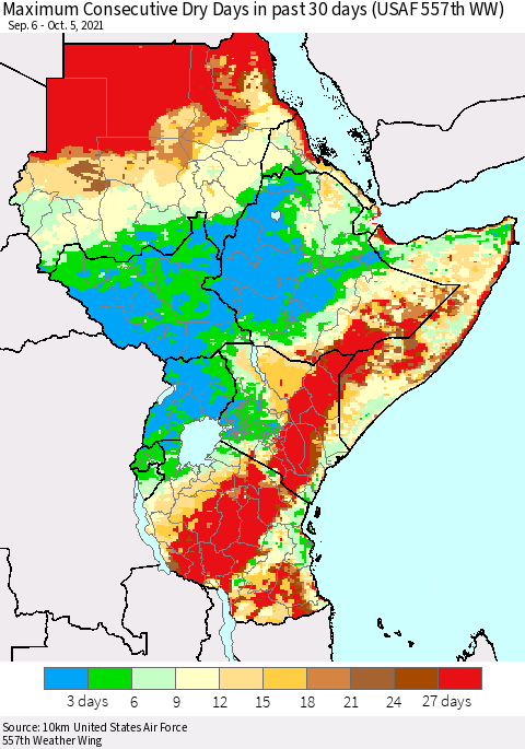 Eastern Africa Maximum Consecutive Dry Days in past 30 days (USAF 557th WW) 10/05/2021 Thematic Map For 10/1/2021 - 10/5/2021