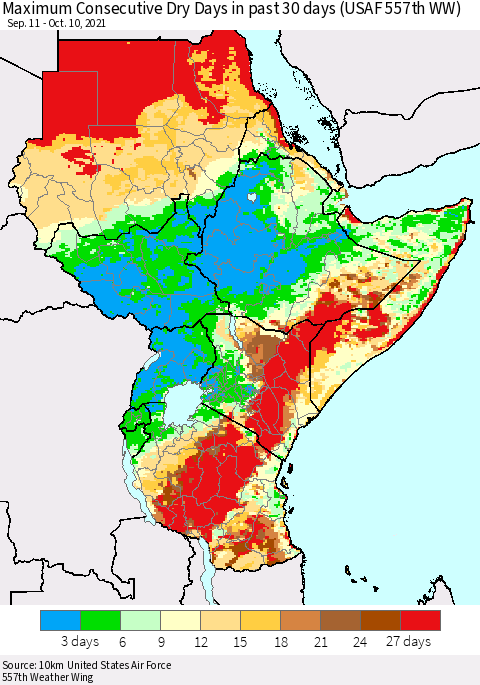 Eastern Africa Maximum Consecutive Dry Days in past 30 days (USAF 557th WW) 10/10/2021 Thematic Map For 10/6/2021 - 10/10/2021