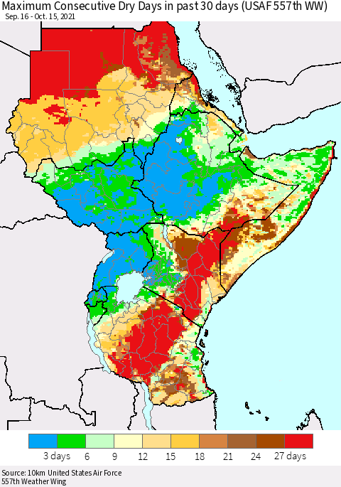 Eastern Africa Maximum Consecutive Dry Days in past 30 days (USAF 557th WW) 10/15/2021 Thematic Map For 10/11/2021 - 10/15/2021