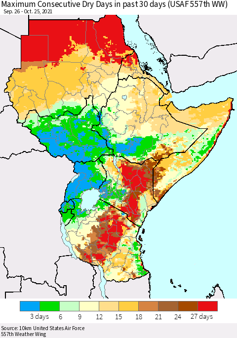 Eastern Africa Maximum Consecutive Dry Days in past 30 days (USAF 557th WW) 10/25/2021 Thematic Map For 10/21/2021 - 10/25/2021