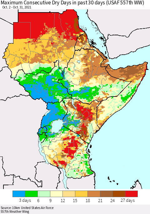 Eastern Africa Maximum Consecutive Dry Days in past 30 days (USAF 557th WW) 10/31/2021 Thematic Map For 10/26/2021 - 10/31/2021