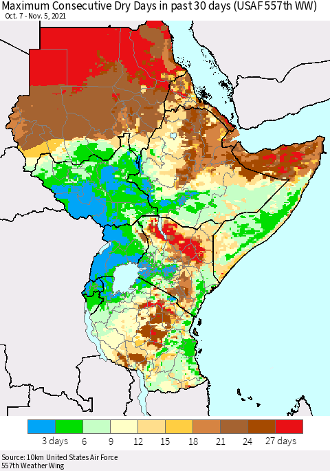 Eastern Africa Maximum Consecutive Dry Days in past 30 days (USAF 557th WW) 11/05/2021 Thematic Map For 11/1/2021 - 11/5/2021