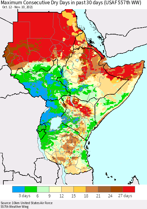 Eastern Africa Maximum Consecutive Dry Days in past 30 days (USAF 557th WW) 11/10/2021 Thematic Map For 11/6/2021 - 11/10/2021