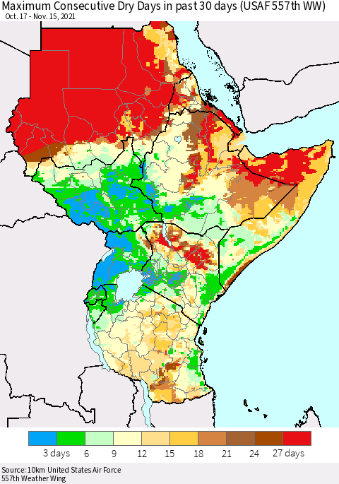 Eastern Africa Maximum Consecutive Dry Days in past 30 days (USAF 557th WW) 11/15/2021 Thematic Map For 11/11/2021 - 11/15/2021