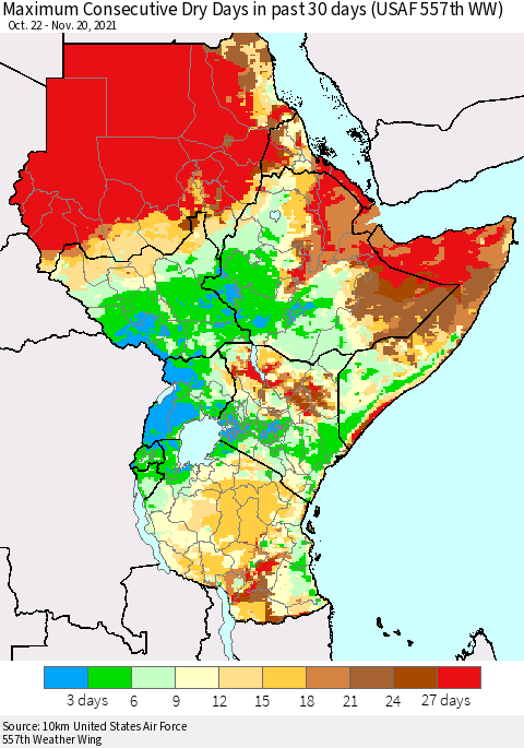 Eastern Africa Maximum Consecutive Dry Days in past 30 days (USAF 557th WW) 11/20/2021 Thematic Map For 11/16/2021 - 11/20/2021