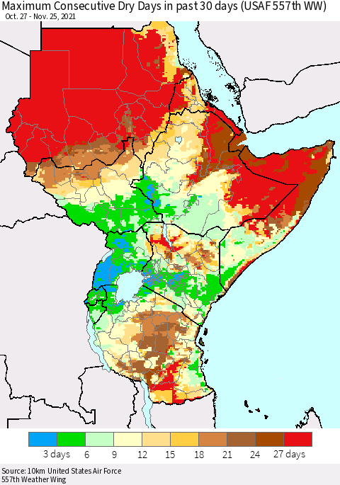 Eastern Africa Maximum Consecutive Dry Days in past 30 days (USAF 557th WW) 11/25/2021 Thematic Map For 11/21/2021 - 11/25/2021