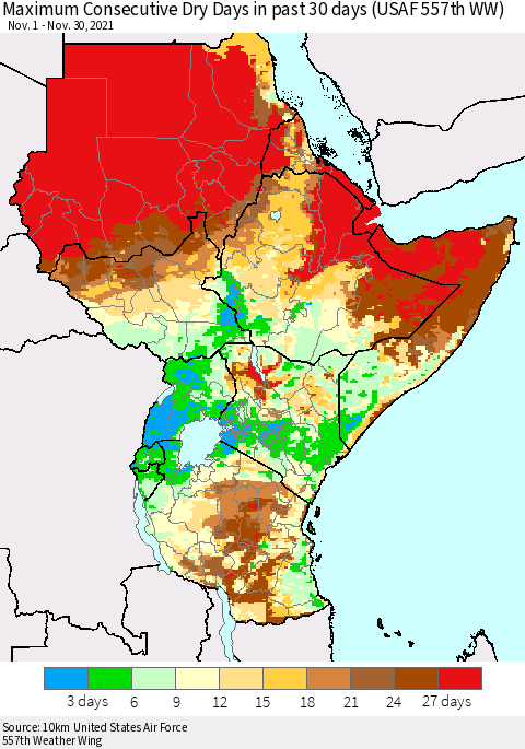 Eastern Africa Maximum Consecutive Dry Days in past 30 days (USAF 557th WW) 11/30/2021 Thematic Map For 11/26/2021 - 11/30/2021
