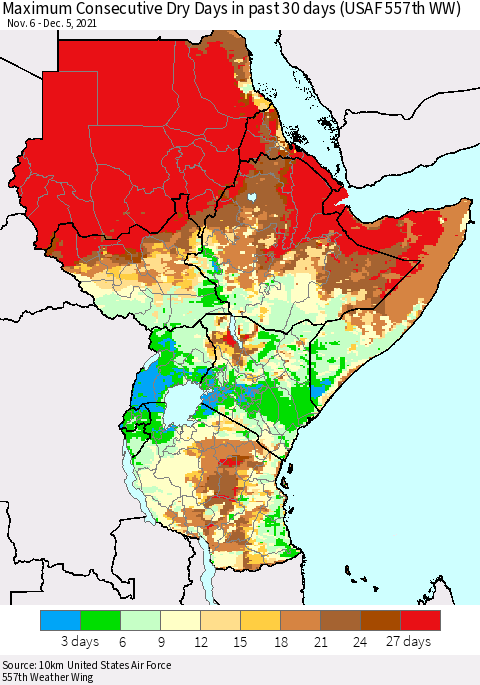 Eastern Africa Maximum Consecutive Dry Days in past 30 days (USAF 557th WW) 12/05/2021 Thematic Map For 12/1/2021 - 12/5/2021