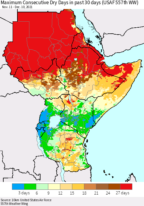 Eastern Africa Maximum Consecutive Dry Days in past 30 days (USAF 557th WW) 12/10/2021 Thematic Map For 12/6/2021 - 12/10/2021