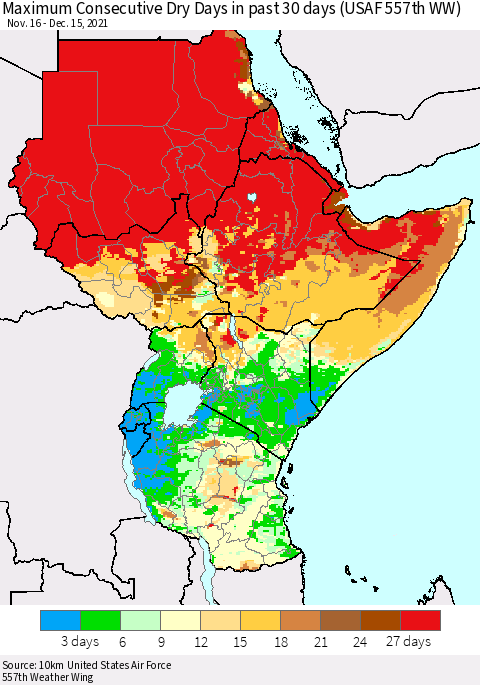 Eastern Africa Maximum Consecutive Dry Days in past 30 days (USAF 557th WW) 12/15/2021 Thematic Map For 12/11/2021 - 12/15/2021