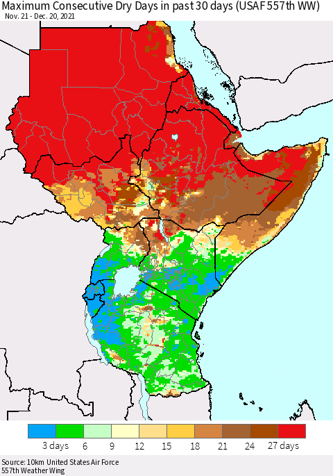 Eastern Africa Maximum Consecutive Dry Days in past 30 days (USAF 557th WW) 12/20/2021 Thematic Map For 12/16/2021 - 12/20/2021