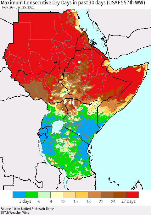Eastern Africa Maximum Consecutive Dry Days in past 30 days (USAF 557th WW) 12/25/2021 Thematic Map For 12/21/2021 - 12/25/2021