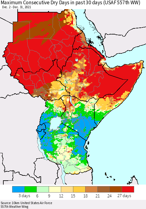 Eastern Africa Maximum Consecutive Dry Days in past 30 days (USAF 557th WW) 12/31/2021 Thematic Map For 12/26/2021 - 12/31/2021