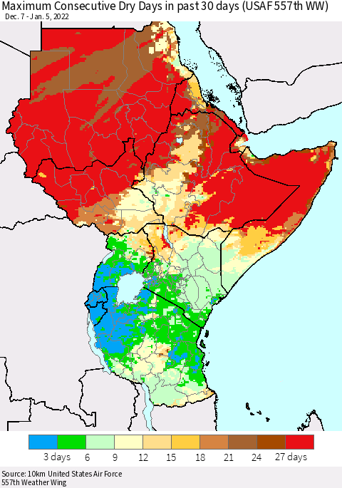 Eastern Africa Maximum Consecutive Dry Days in past 30 days (USAF 557th WW) 01/05/2022 Thematic Map For 1/1/2022 - 1/5/2022