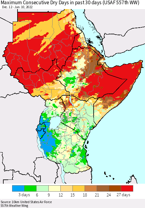 Eastern Africa Maximum Consecutive Dry Days in past 30 days (USAF 557th WW) 01/10/2022 Thematic Map For 1/6/2022 - 1/10/2022