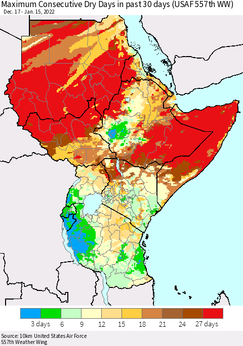 Eastern Africa Maximum Consecutive Dry Days in past 30 days (USAF 557th WW) 01/15/2022 Thematic Map For 1/11/2022 - 1/15/2022