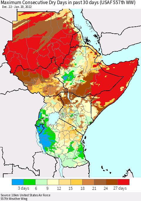 Eastern Africa Maximum Consecutive Dry Days in past 30 days (USAF 557th WW) 01/20/2022 Thematic Map For 1/16/2022 - 1/20/2022