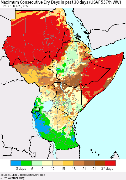 Eastern Africa Maximum Consecutive Dry Days in past 30 days (USAF 557th WW) 01/25/2022 Thematic Map For 1/21/2022 - 1/25/2022